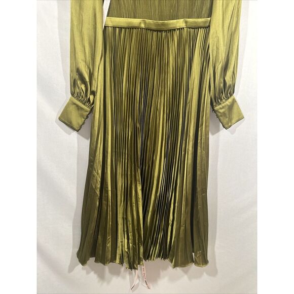 NWD IEENA Mac Duggal [ 12 ] Long Sleeve High Neck Heat Pleated Dress Olive Green - Picture 11 of 16